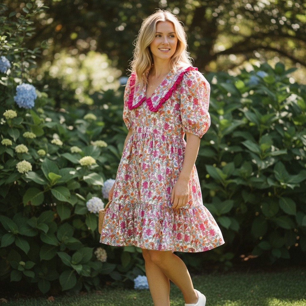 MOLBY THE LABEL Bertie Mini Dress Women UK6 US2 Floral Ruffle Collar Puff Sleeve